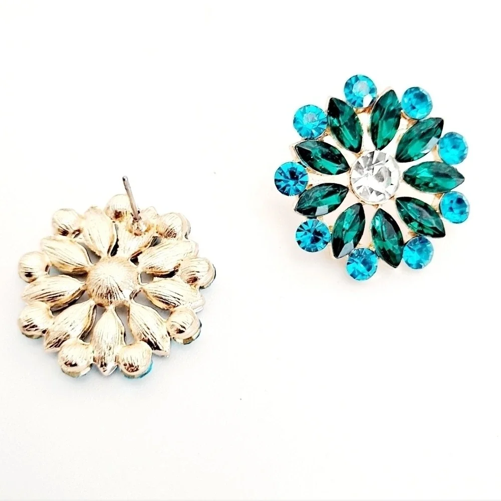Green Turquoise Rhinestone Cluster Flower Statement Stud Earrings formal prom 💖